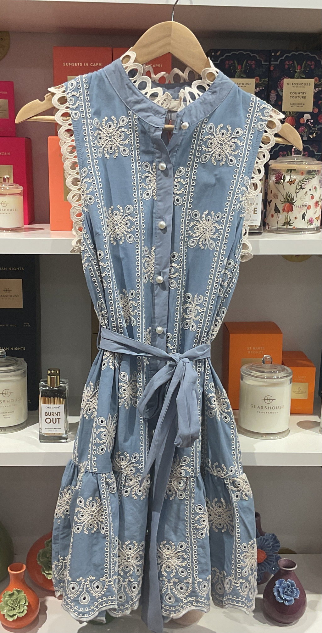 Pearl Button Blue dress w/ lace trim overlay