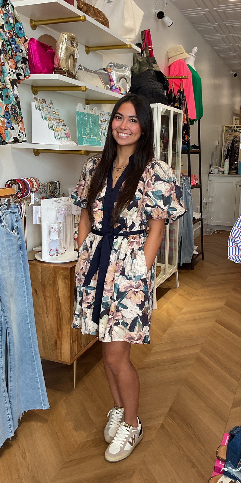 Navy Trim Fall Floral Dress