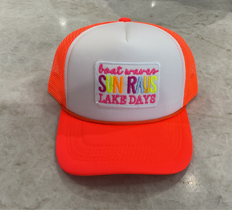 Trucker Hat - Neon Orange Boat Waves Sun Rays