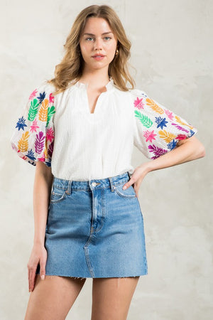 THML white embroidered puff sleeve top