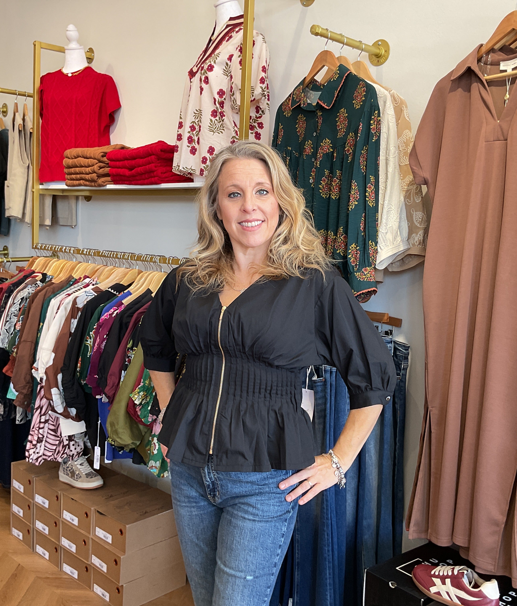 Black Pleated Bodice Zip Front Blouse