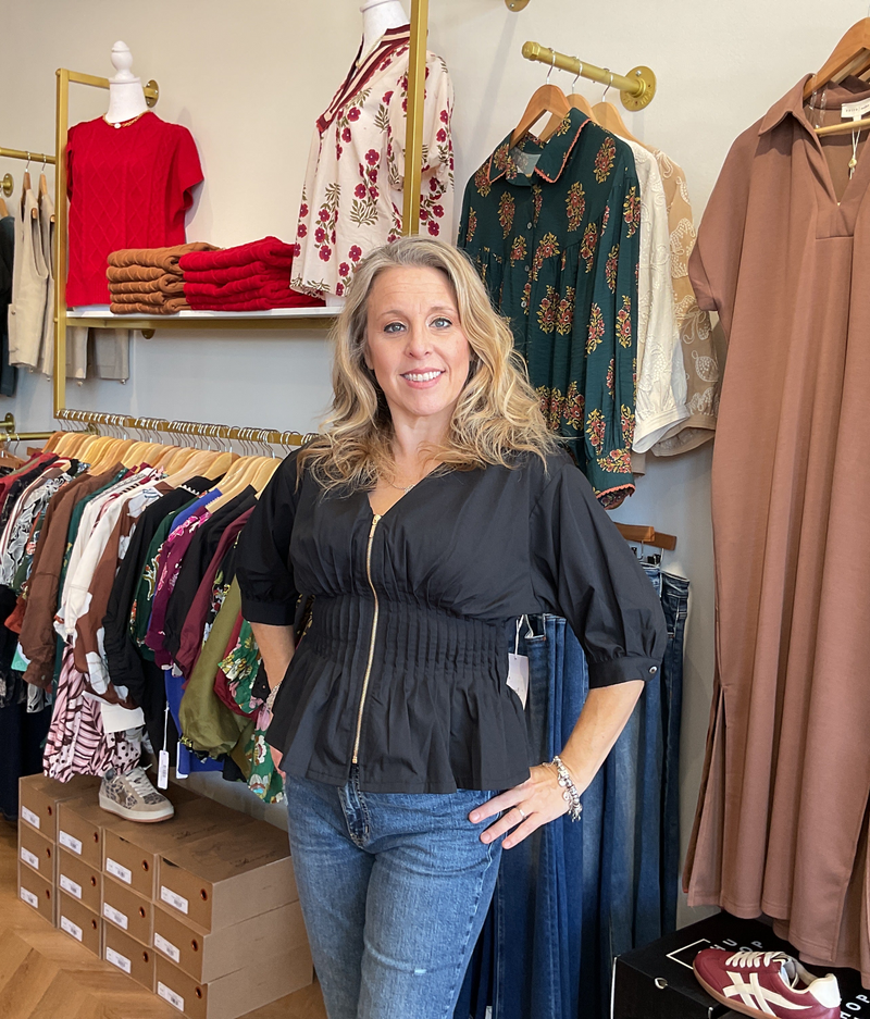 Black Pleated Bodice Zip Front Blouse