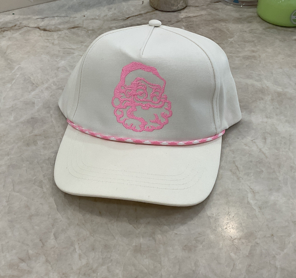 Trucker Hat- Cream Hat- Pink Santa