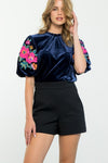 THML embroidered puff sleeve velvet top
