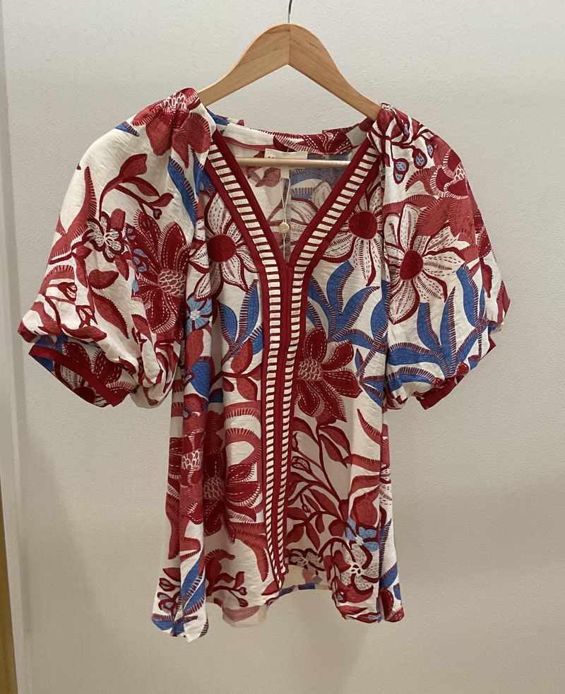 Rust Puff Sleeve Floral w/ Stripe Front Detail