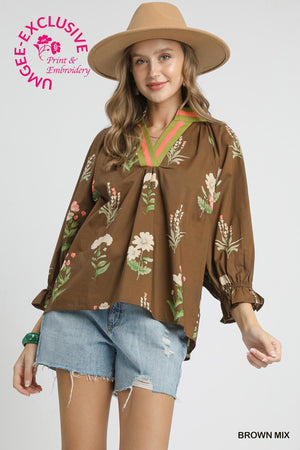 Floral Contrast Trim Blouse