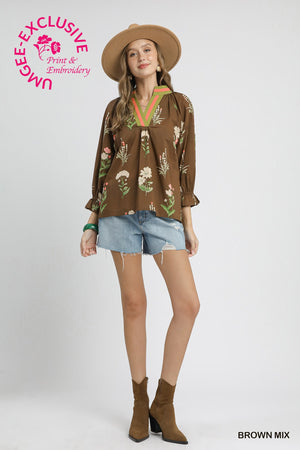 Floral Contrast Trim Blouse