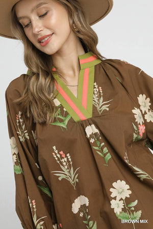 Floral Contrast Trim Blouse