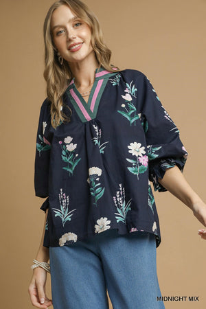 Floral Contrast Trim Blouse