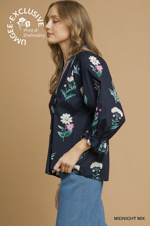 Floral Contrast Trim Blouse