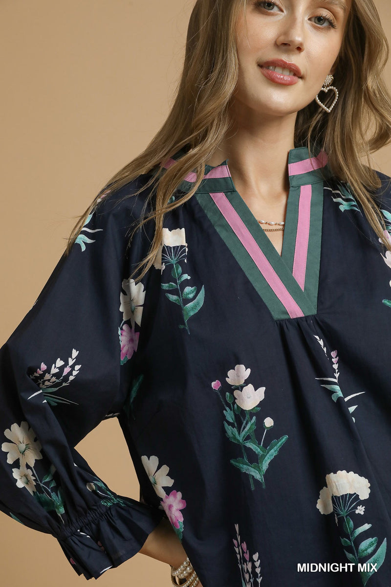Floral Contrast Trim Blouse