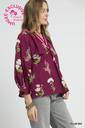 Umgee Floral Blouse w/ Trim Detail