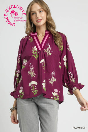 Floral Contrast Trim Blouse