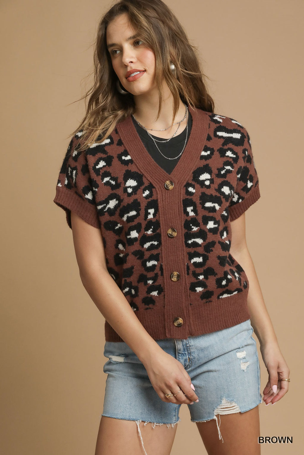 Leopard Knit Button-Down Sweater Vest