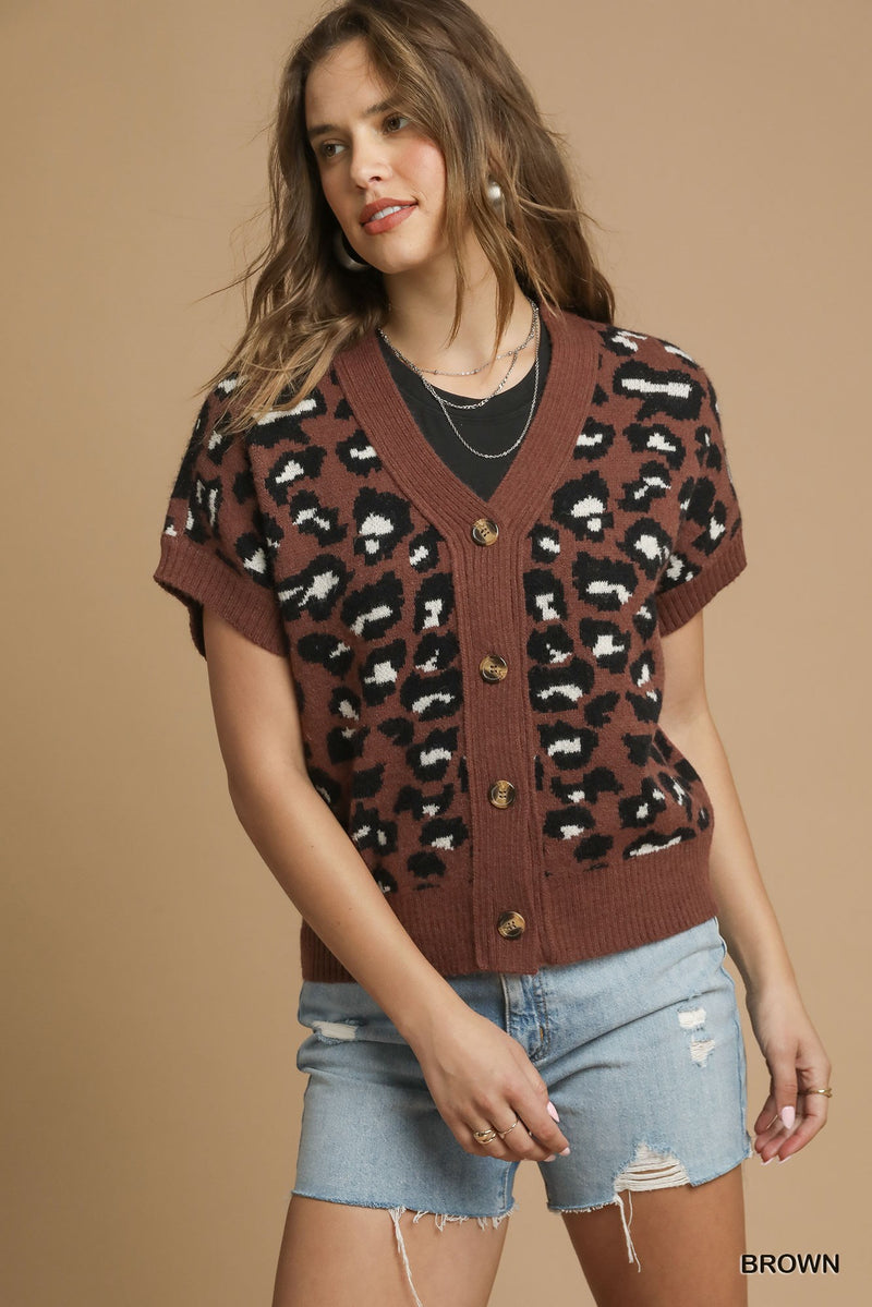 Leopard Knit Button-Down Sweater Vest