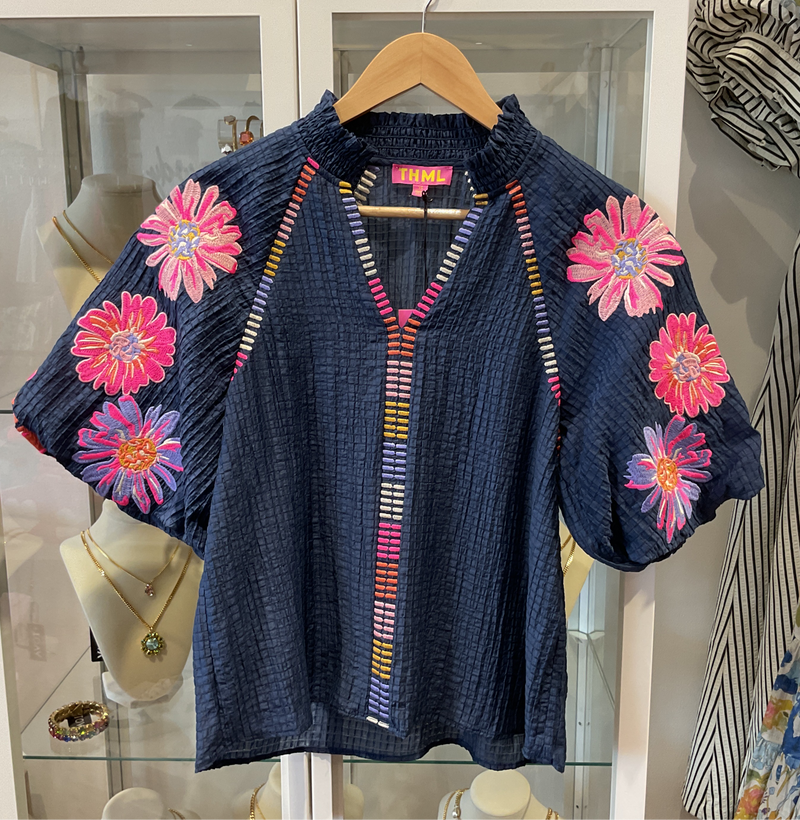 THML Floral puff sleeve blouse NAVY