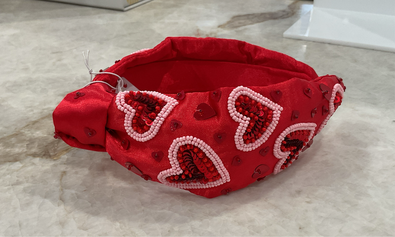 Pink and Red Beaded and Sequin Hearts Headband