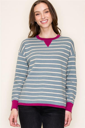 Color contrast rib crew neck pullover