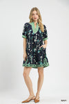 Navy Floral Dress w/ Contrast Trim