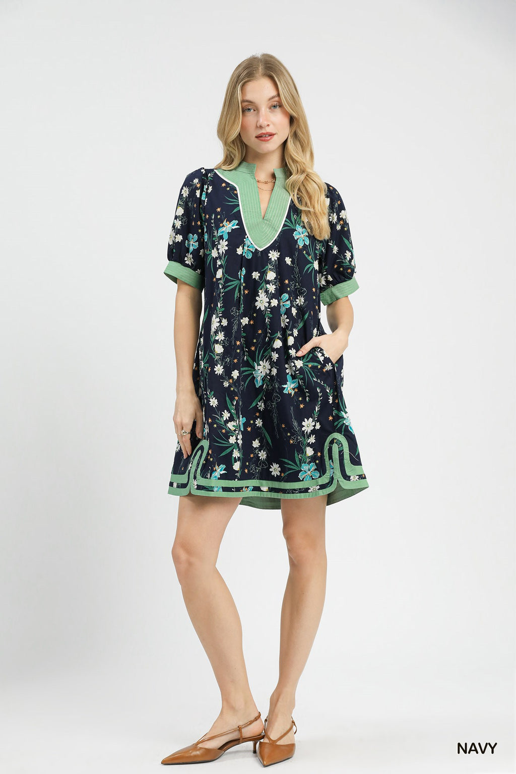 Navy Floral Dress w/ Contrast Trim