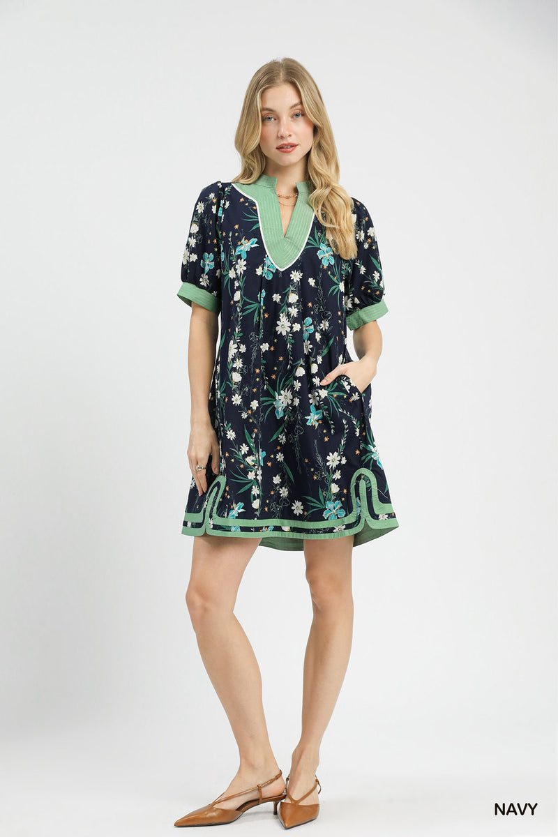Navy Floral Dress w/ Contrast Trim