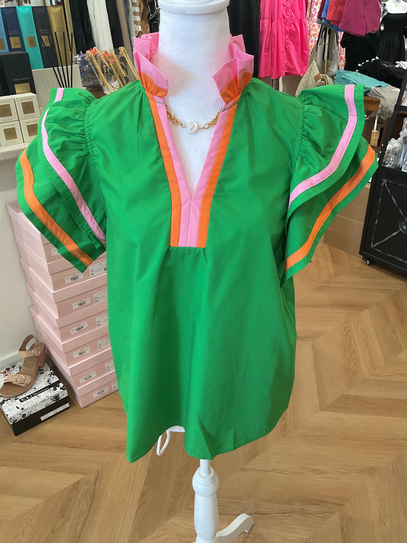Green Flutter Sleeve Blouse