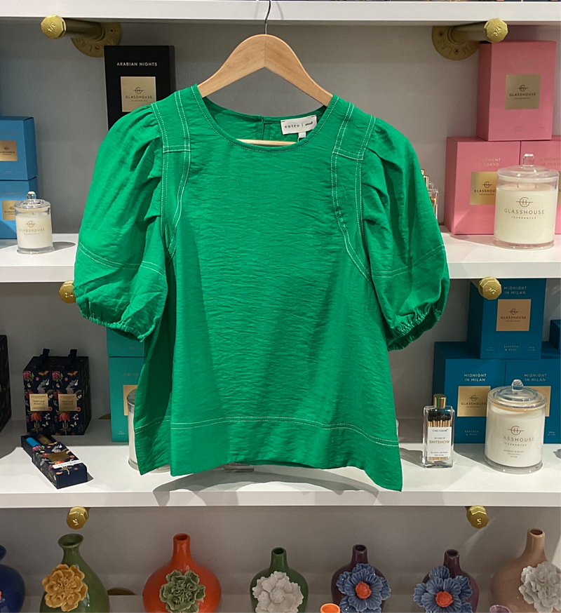 Green Contrast Stitch Top
