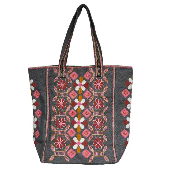 Charcoal tote with embroidered flowers