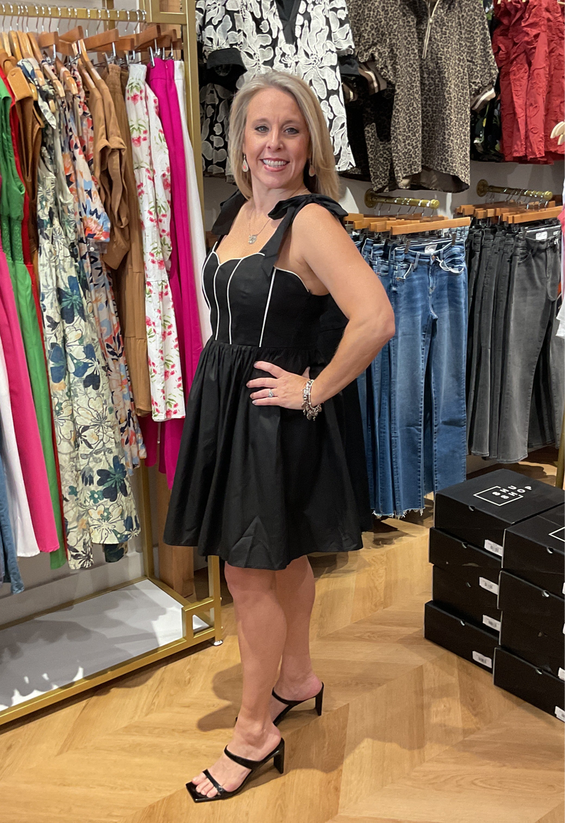 Black Shoulder Tie Dress w/ White Trim Detail