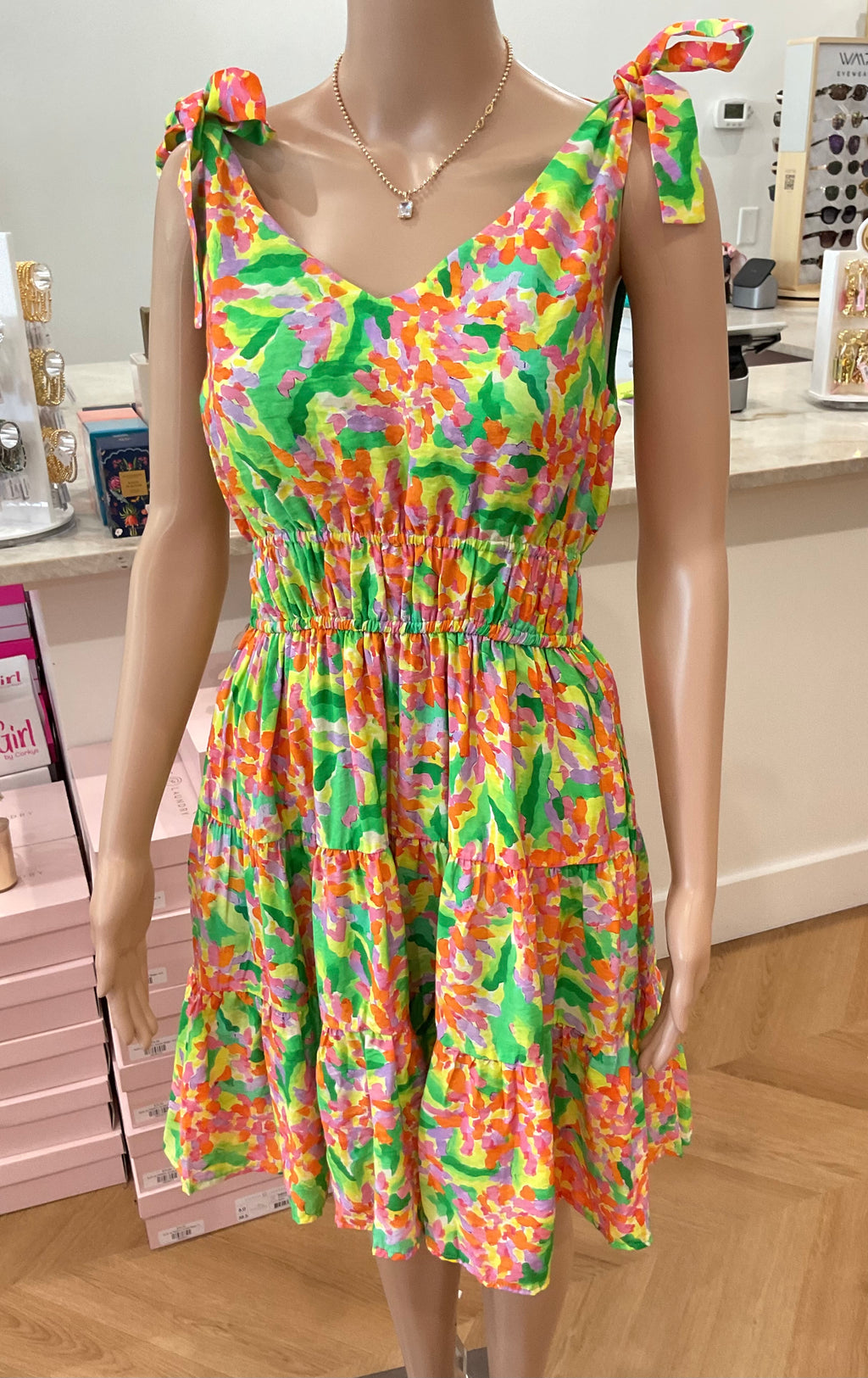 THML Floral Abstract Shoulder Tie Mini Dress