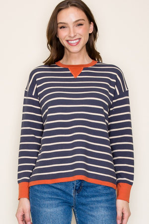 Color contrast rib crew neck pullover