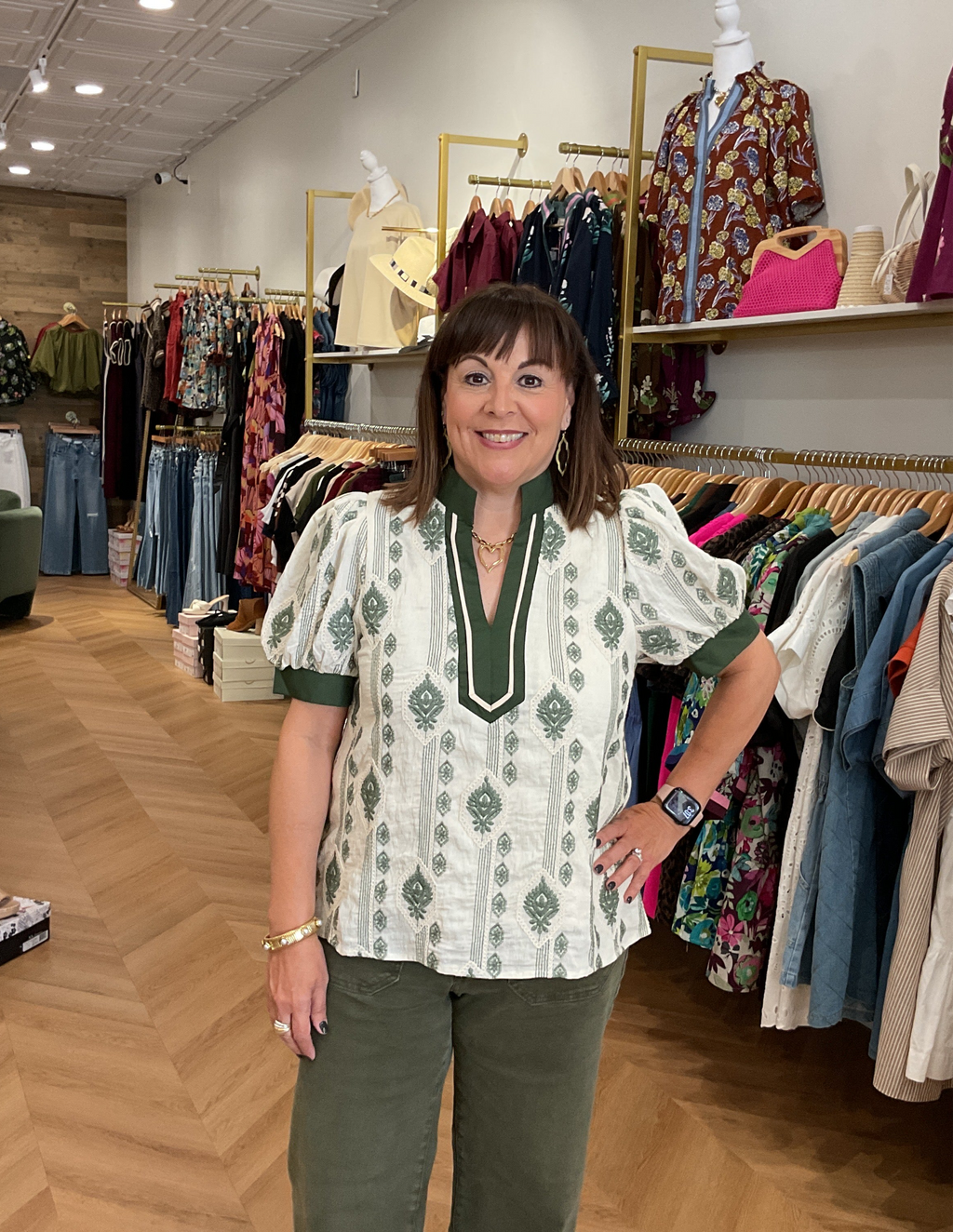 Embroidered Blouse w/ GREEN Trim Detail