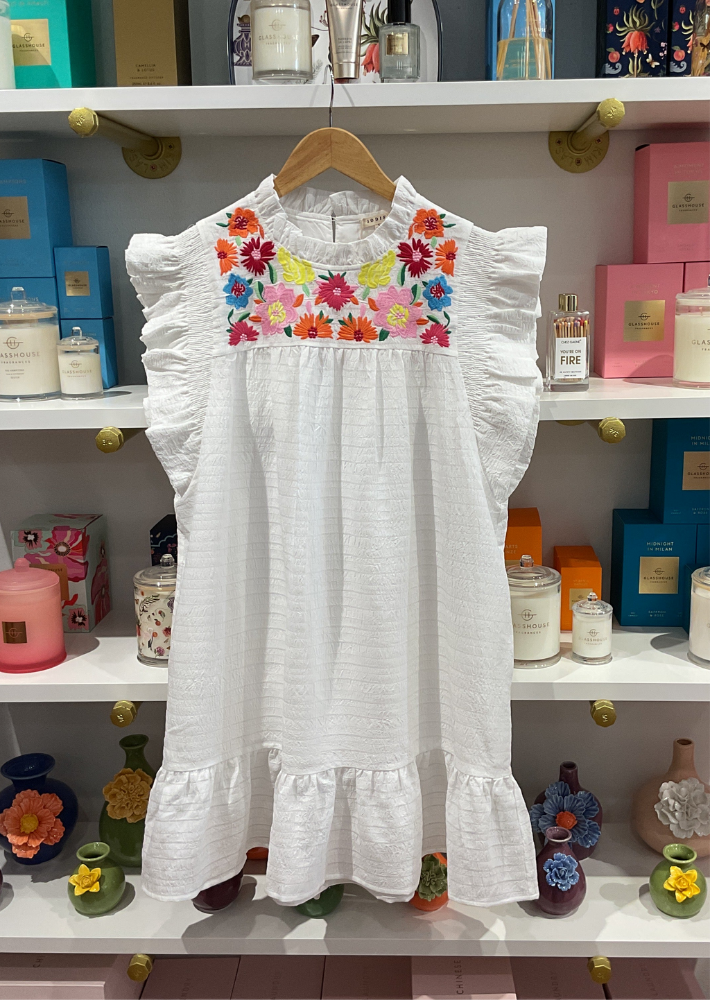 Floral Embroidered Flutter Sleeve Dress