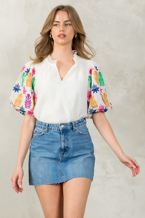 THML white embroidered puff sleeve top