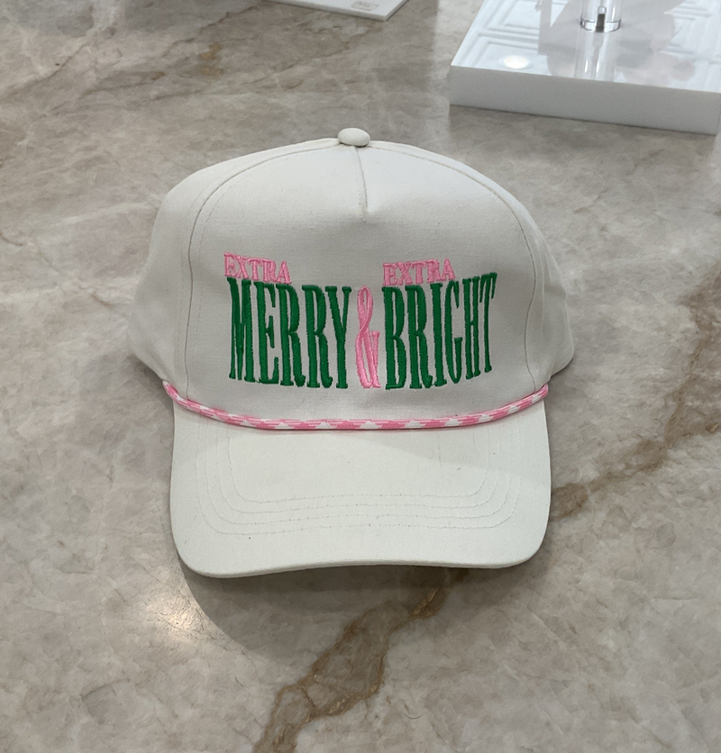 Trucker Hat- Cream Hat- Extra Merry and Bright- Pink