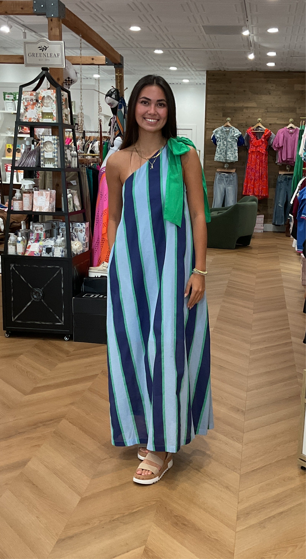 One Shoulder Blue/green Stripe Maxi