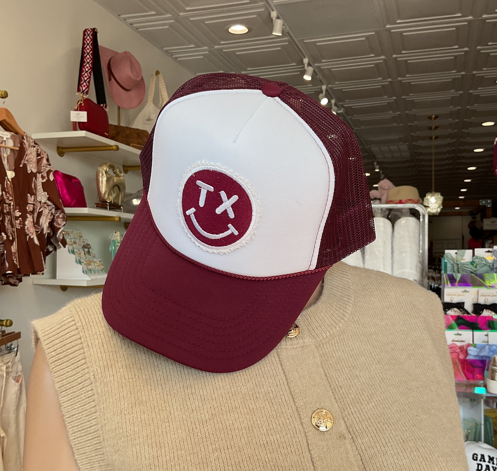 Trucker Hat- Burgundy Brim TX Smiley