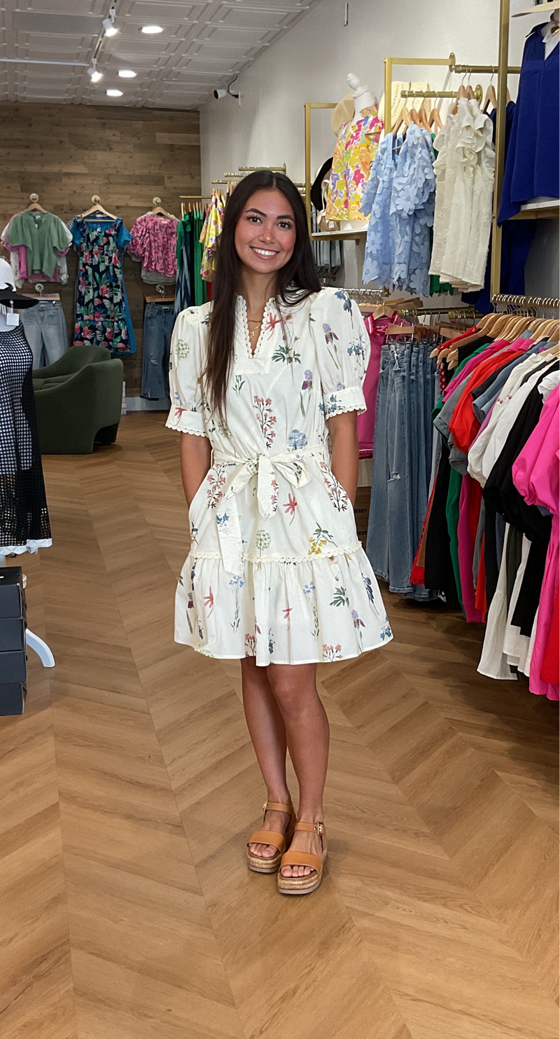 Cream Floral Front Tie Mini Dress