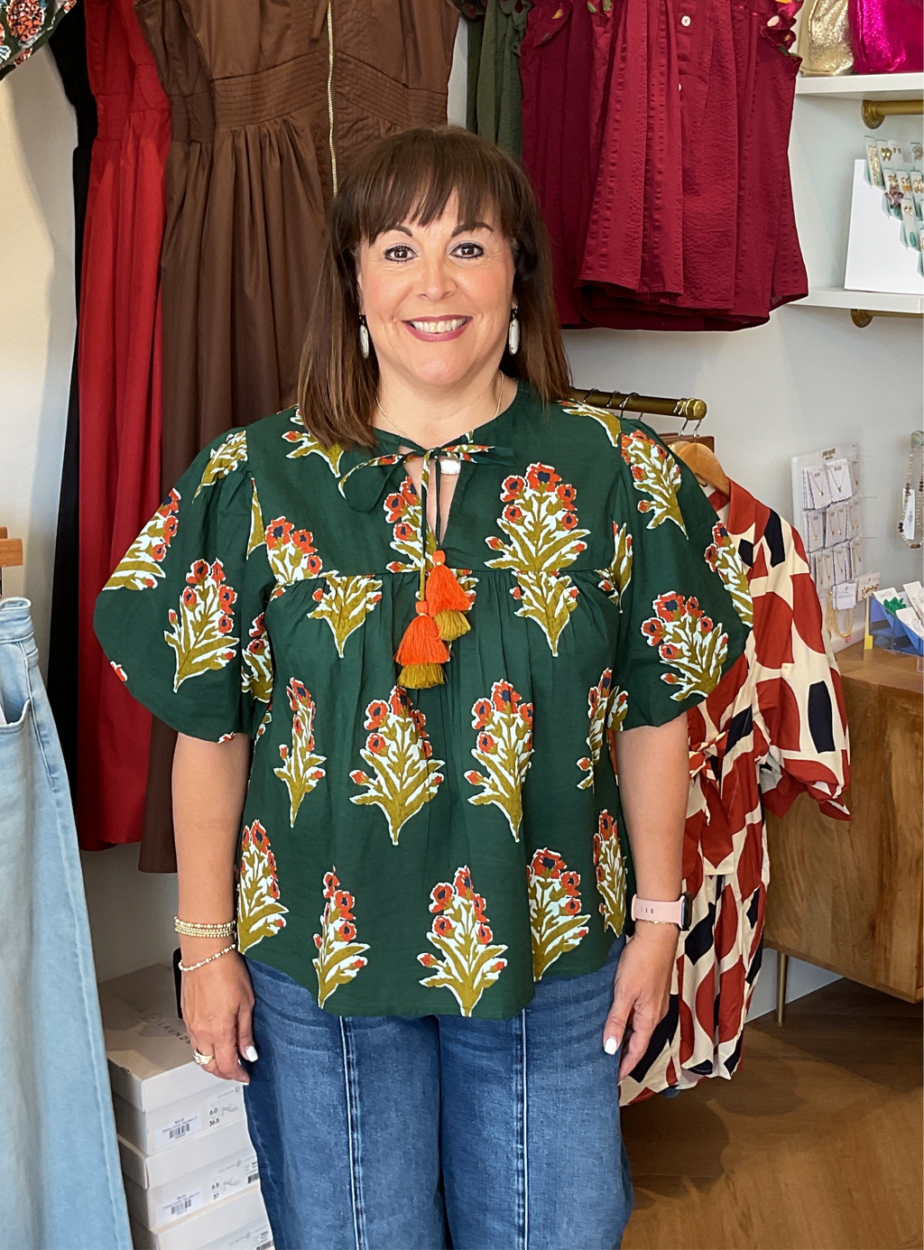 THML Green Floral Blouse w/ Front Tie