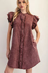 Maroon Button Up Flutter Sleeve Dress