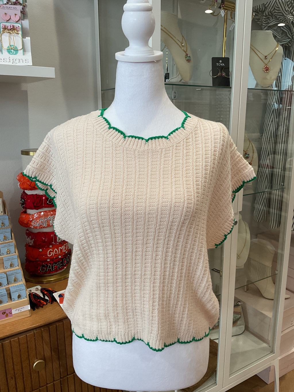 Knit top with Kelly Green Accents