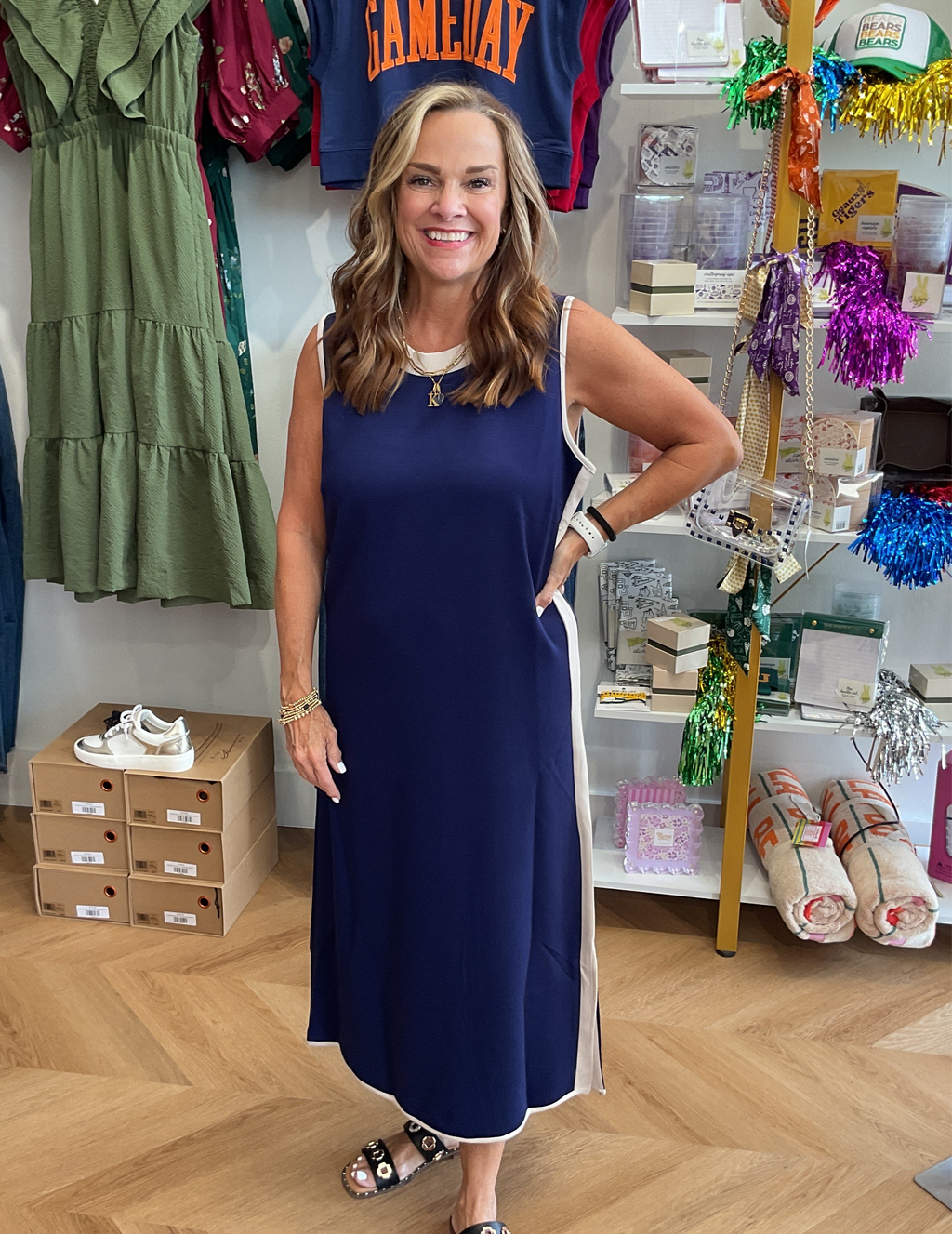 Umgee Navy Luxe Knit Dress Stripe Detail