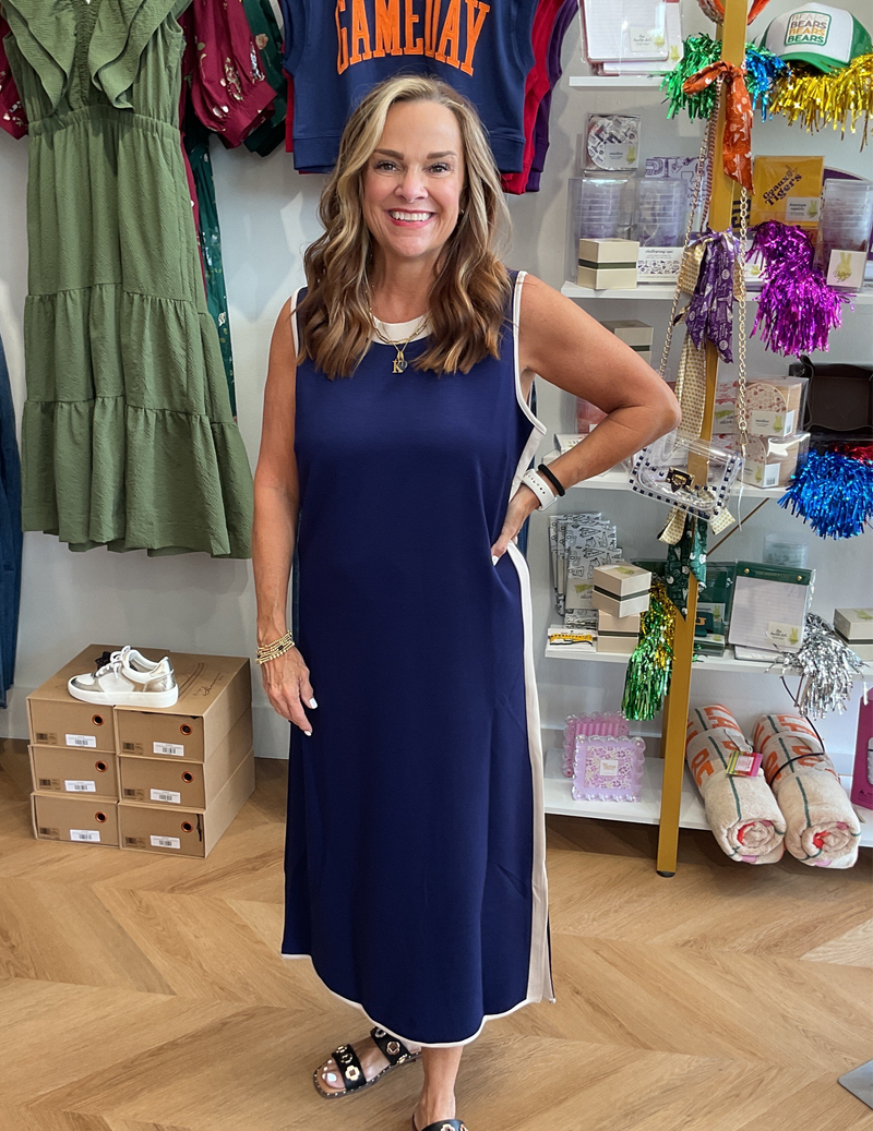Umgee Navy Luxe Knit Dress Stripe Detail
