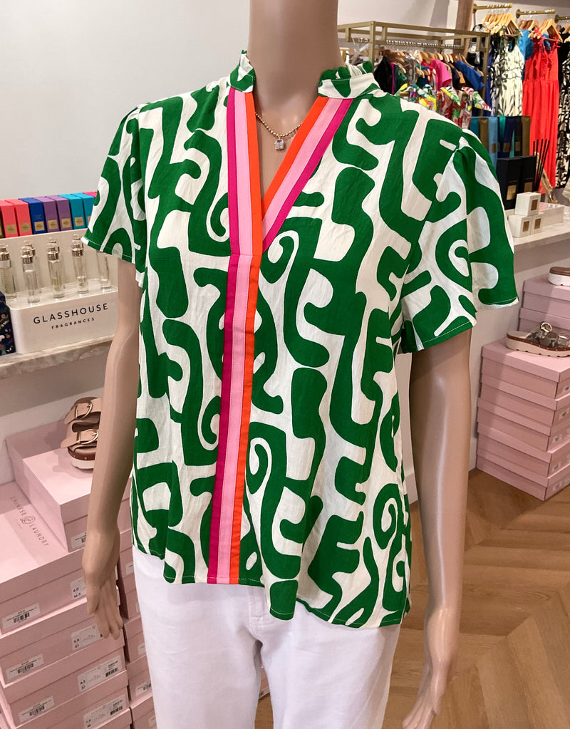 THML Green print blouse w/ front stripe detail