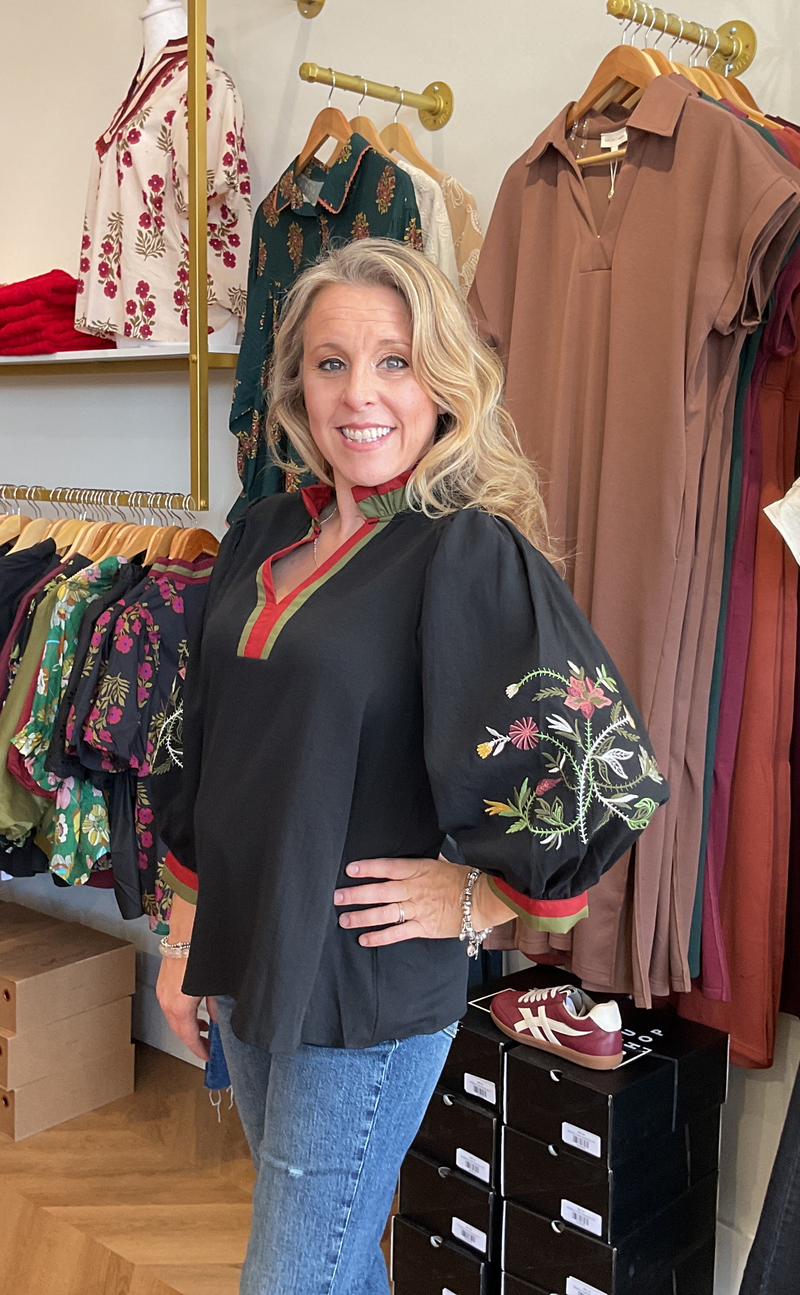 Black Embroidered Sleeve Top w/ Stripe Detail