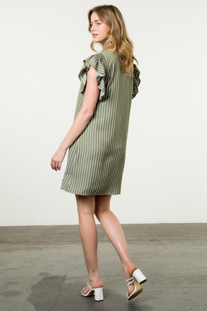 THML Stripe Olive dress with collar detail