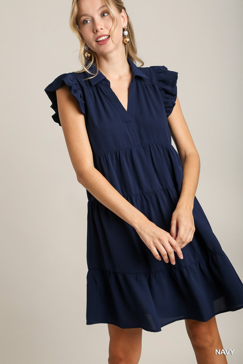 Navy flutter sleeve dress