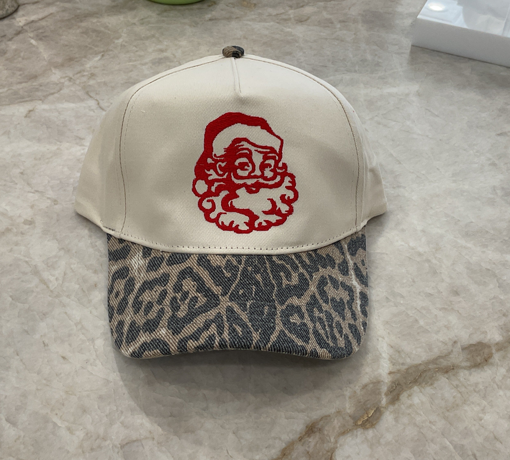 Trucker Hat- Leopard print Brim-Red Santa face