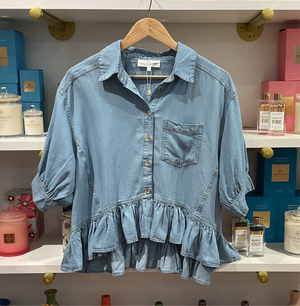 Denim Drop Ruffle Blouse