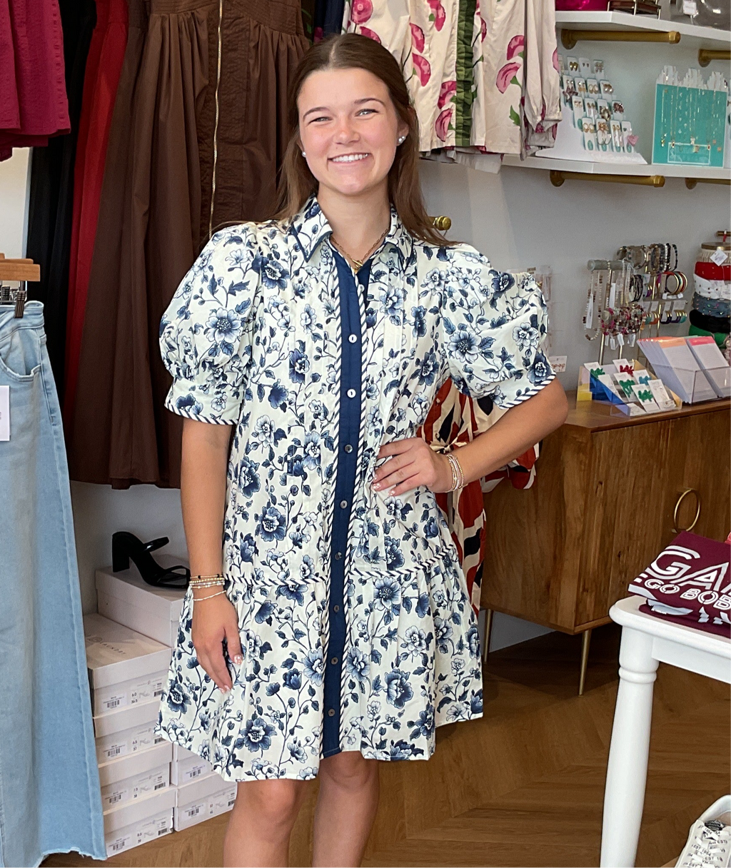 Blue Floral Button Front Dress